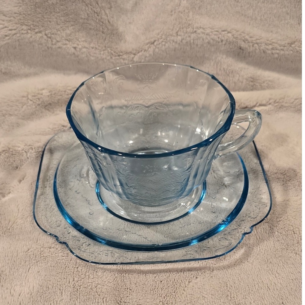 Vintage Federal Glass Co. Madrid Madonna Blue‎ Tea Cup and Saucer Set